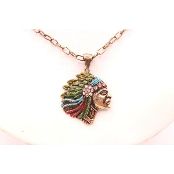 Vintage Native American Chief Headdress Pendant Necklace Rhinestone Enamel Paint - Picture 3 of 9